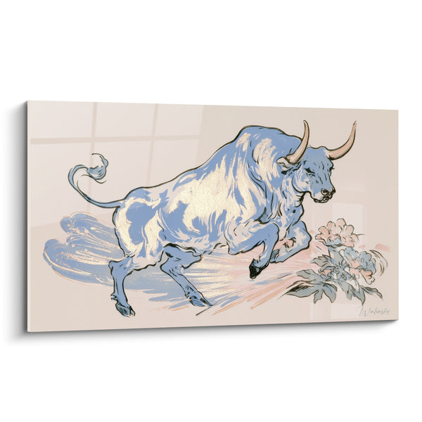 Tableau Taureau bleu doré près d'une fleur - Élan gracieux - Edition Taureau