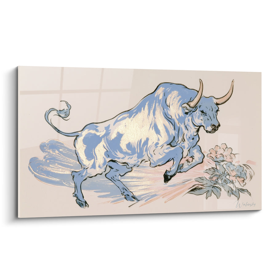 Tableau Taureau bleu doré près d'une fleur - Élan gracieux - Edition Taureau