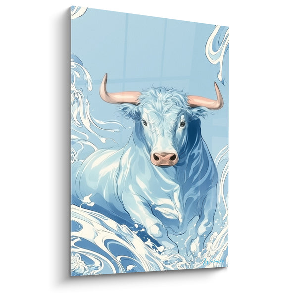 Tableau Taureau bleu pastel aux vagues d'écume - Émergence océanique - Edition Taureau