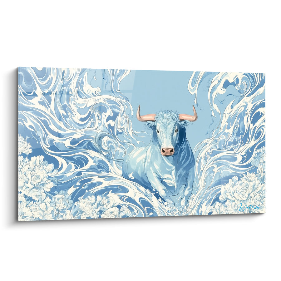 Tableau Taureau bleu pastel aux vagues japonisantes - Onde apaisée - Edition Taureau