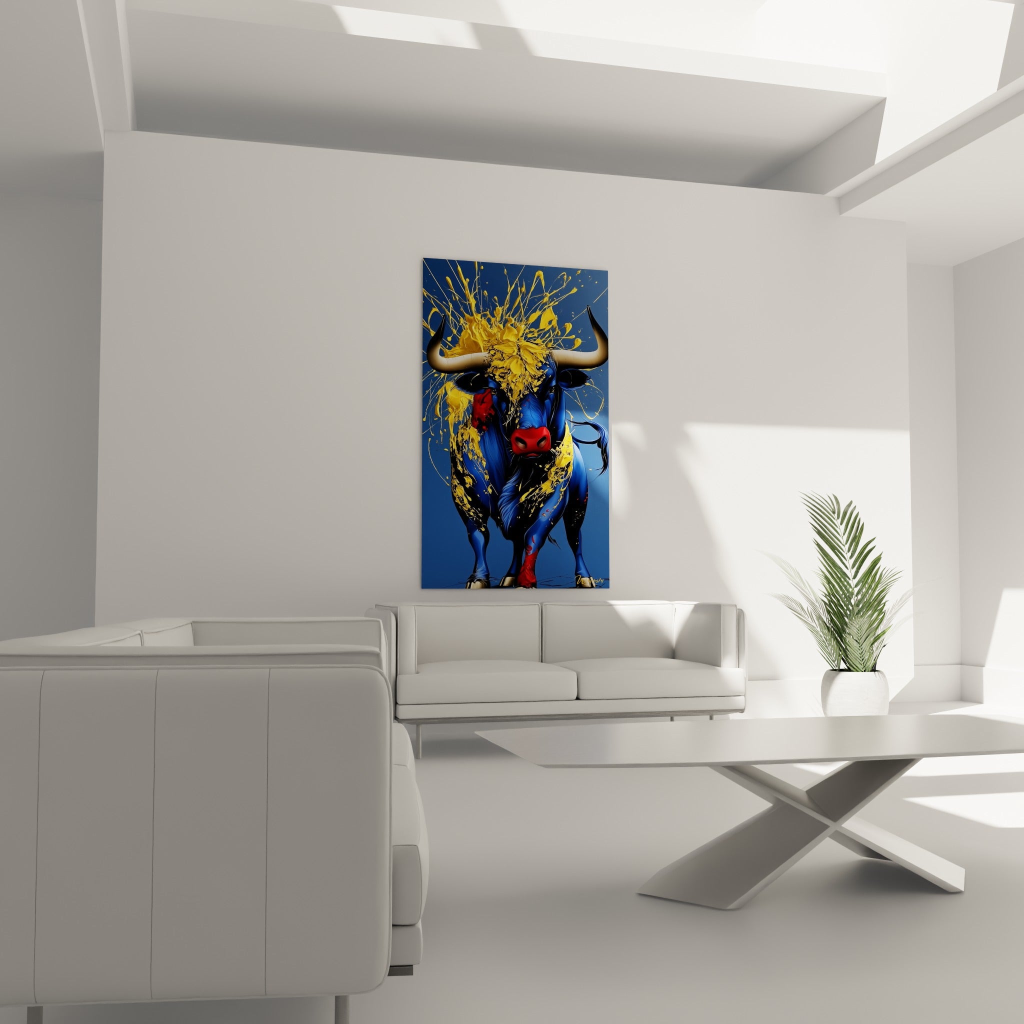 Regard fixe du taureau bleu marine aux éclaboussures jaunes, au-dessus d'un canapé dans un salon lumineux