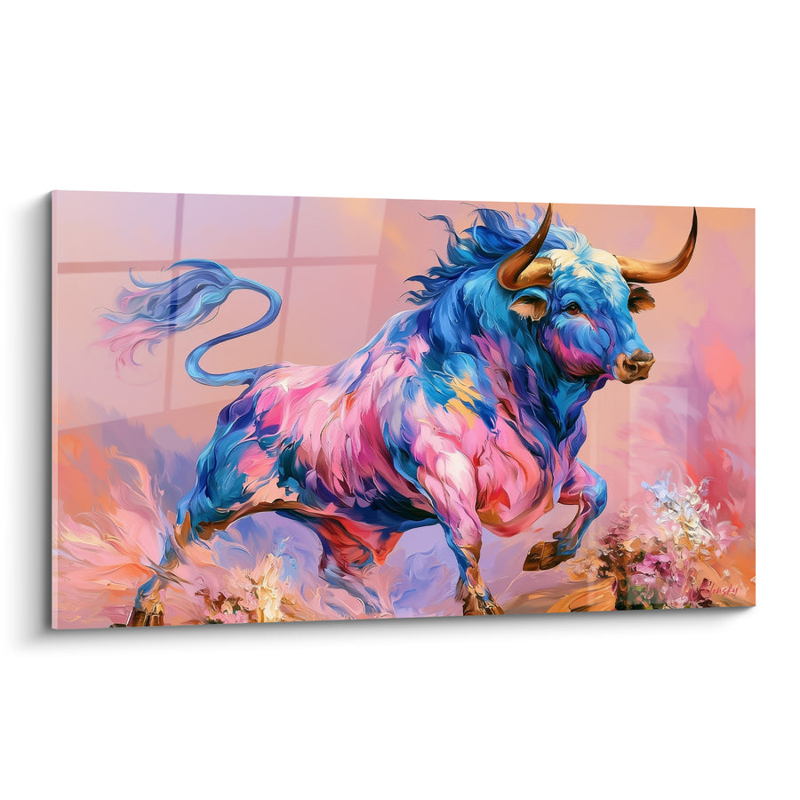 Tableau Taureau bleu et rose en pleine charge - Charge flamboyante - Edition Taureau