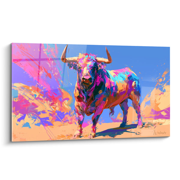 Tableau Taureau aux cornes acérées bleu et rose - Face au danger - Edition Taureau