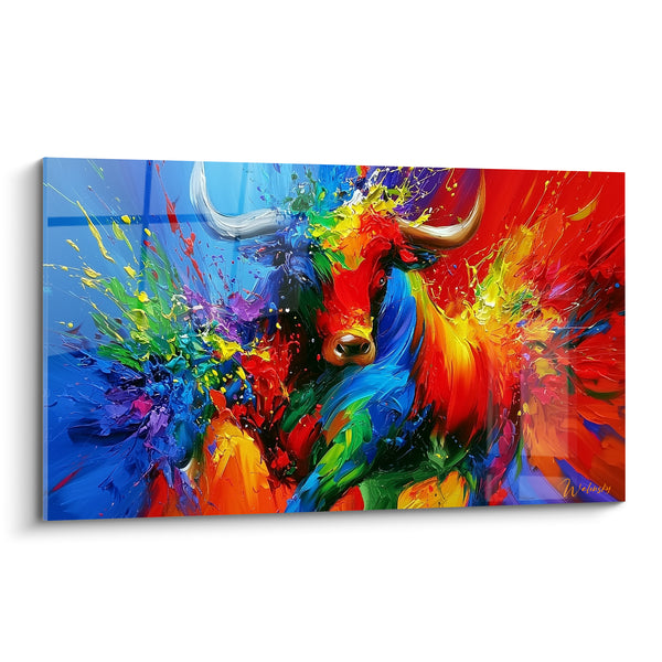 Tableau Taureau bleu et rouge aux cornes blanches - Fureur chromatique - Edition Taureau