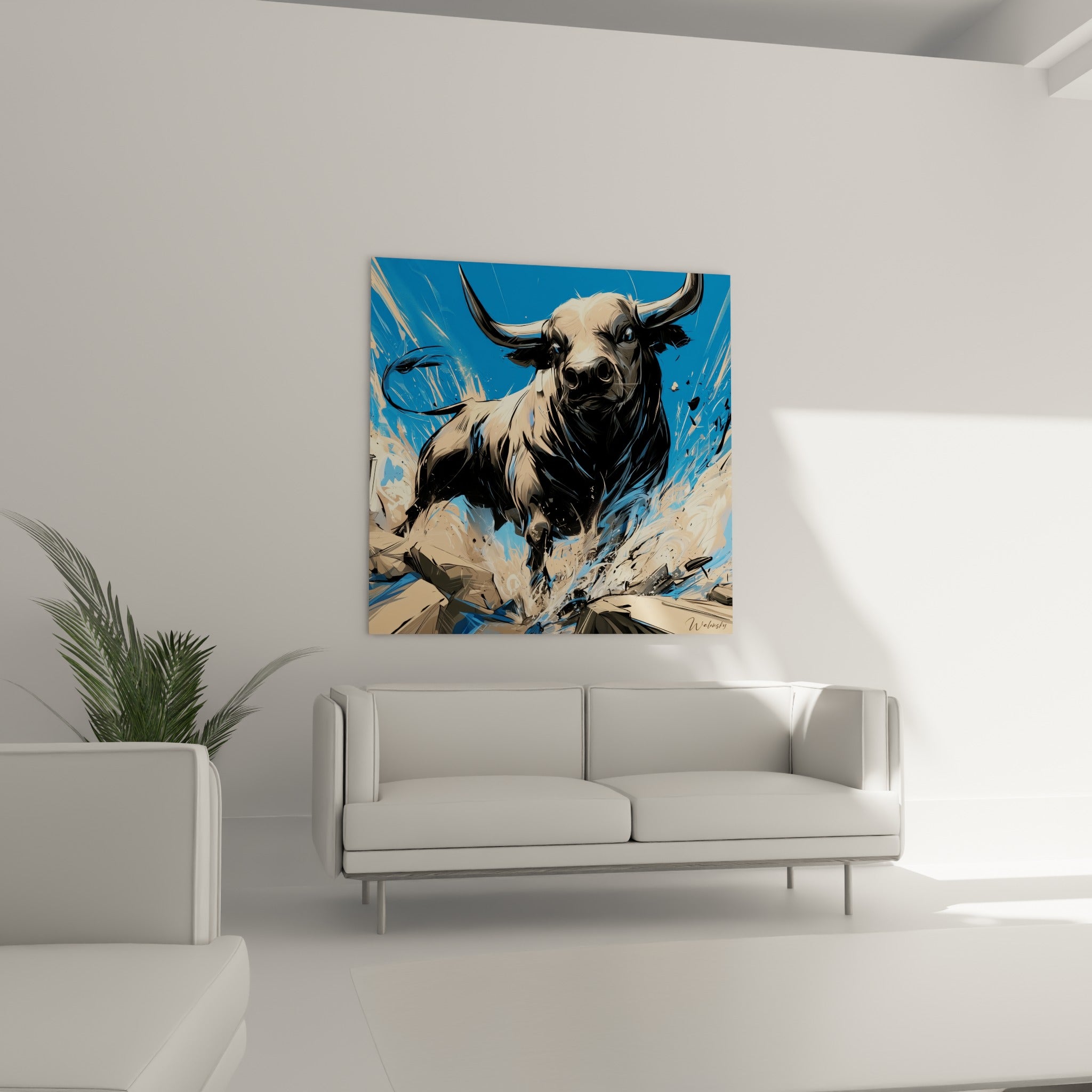 Silhouette bondissante bleu et noir d'un taureau furieux, au-dessus d'un canapé dans un salon lumineux