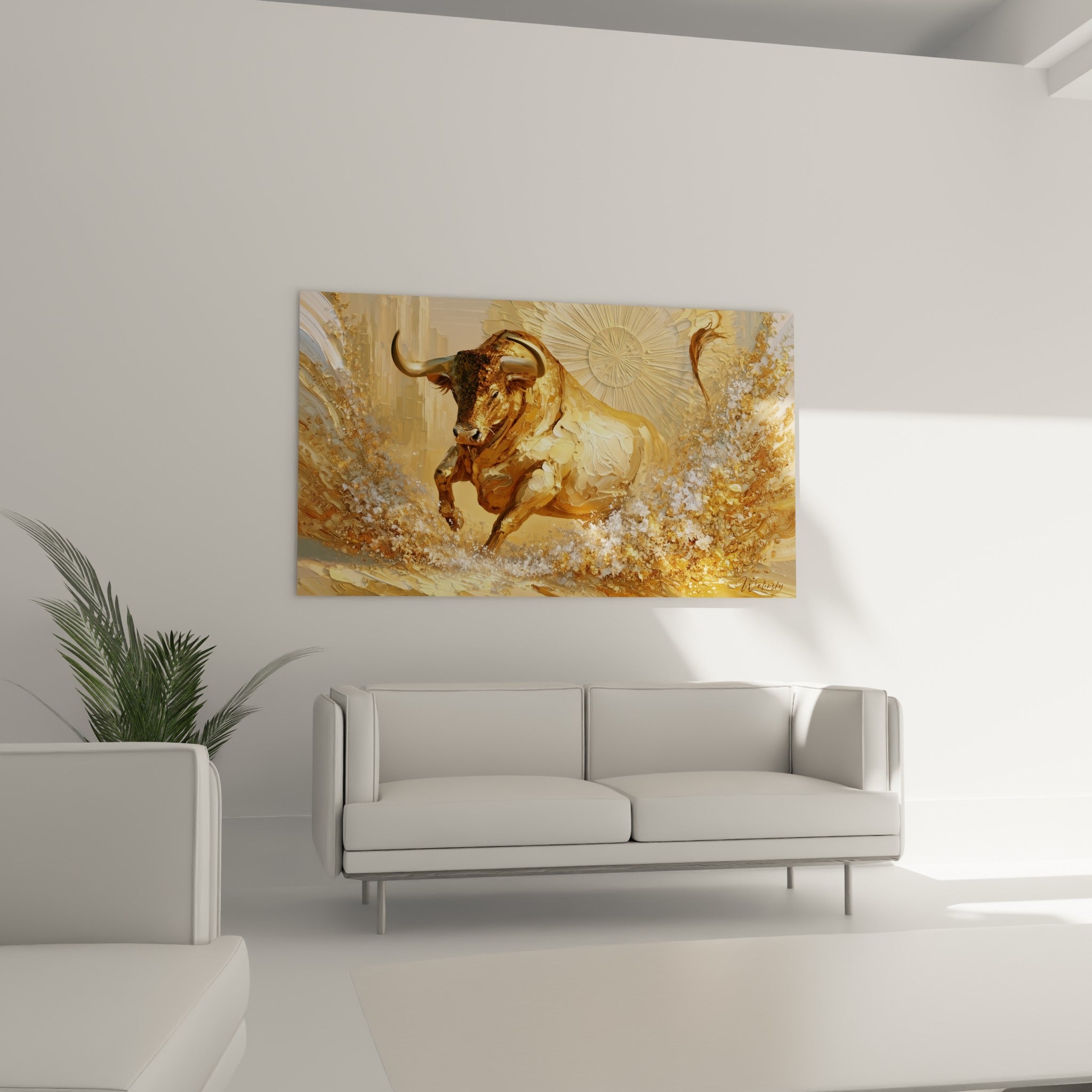 Silhouette bronze et crème d'un taureau en pleine charge, placée au-dessus d'un canapé dans un salon lumineux