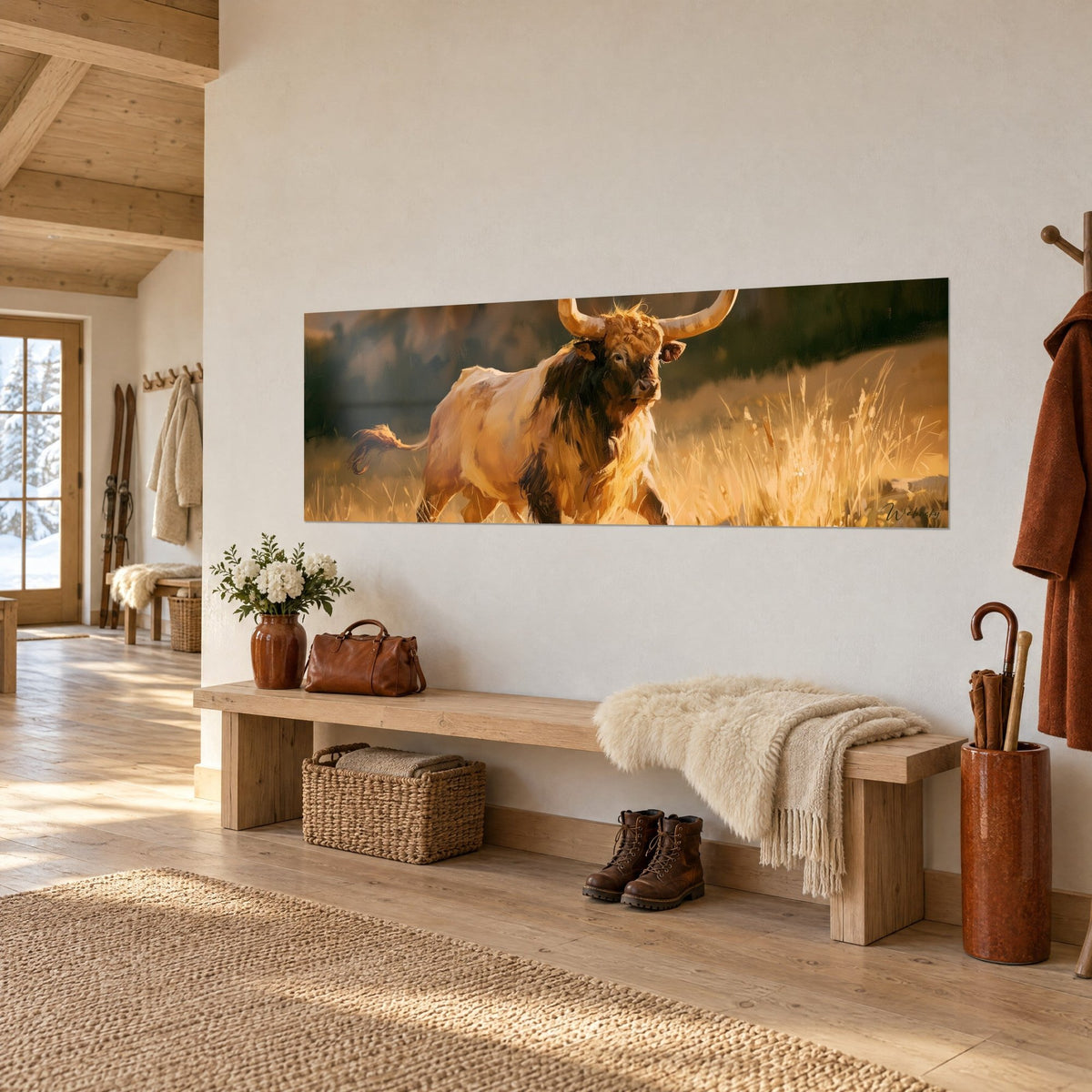 Tableau bovin à la robe beige et brune, cornes recourbées, marchant vers la lumière ambrée, mur blanc d'une entrée de chalet