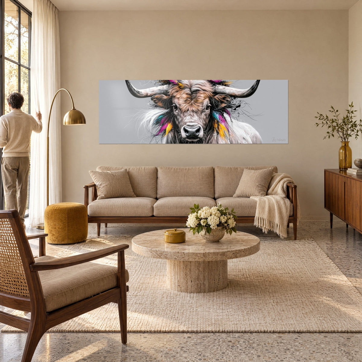 Wall art of a Longhorn bull with black horns and magenta, turquoise and yellow feathers on a grey background, above a sofa in a bright living room