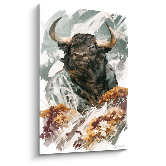 Tableau Taureau brun aux cornes claires fleuries - Force paisible - Edition Taureau