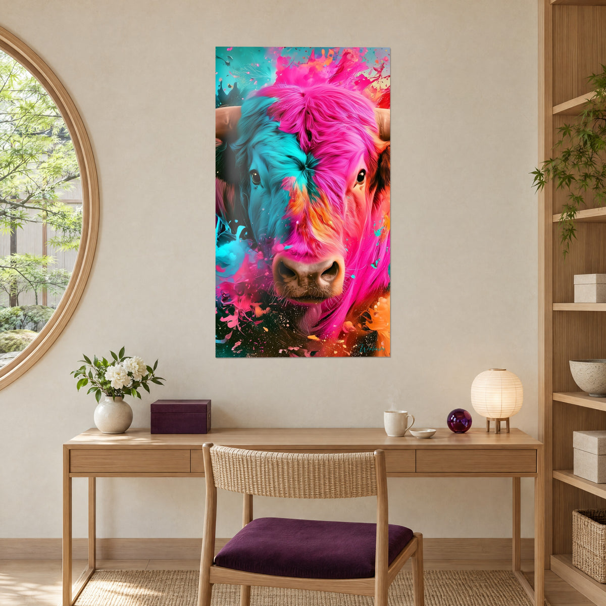 Πίνακας πολύχρωμος ταύρος σε στυλ pop art, φούξια και τυρκουάζ, καφέ ρύγχος, στον τοίχο γραφείου από ανοιχτόχρωμο ξύλο, με λάμπα και στρογγυλό καθρέφτη