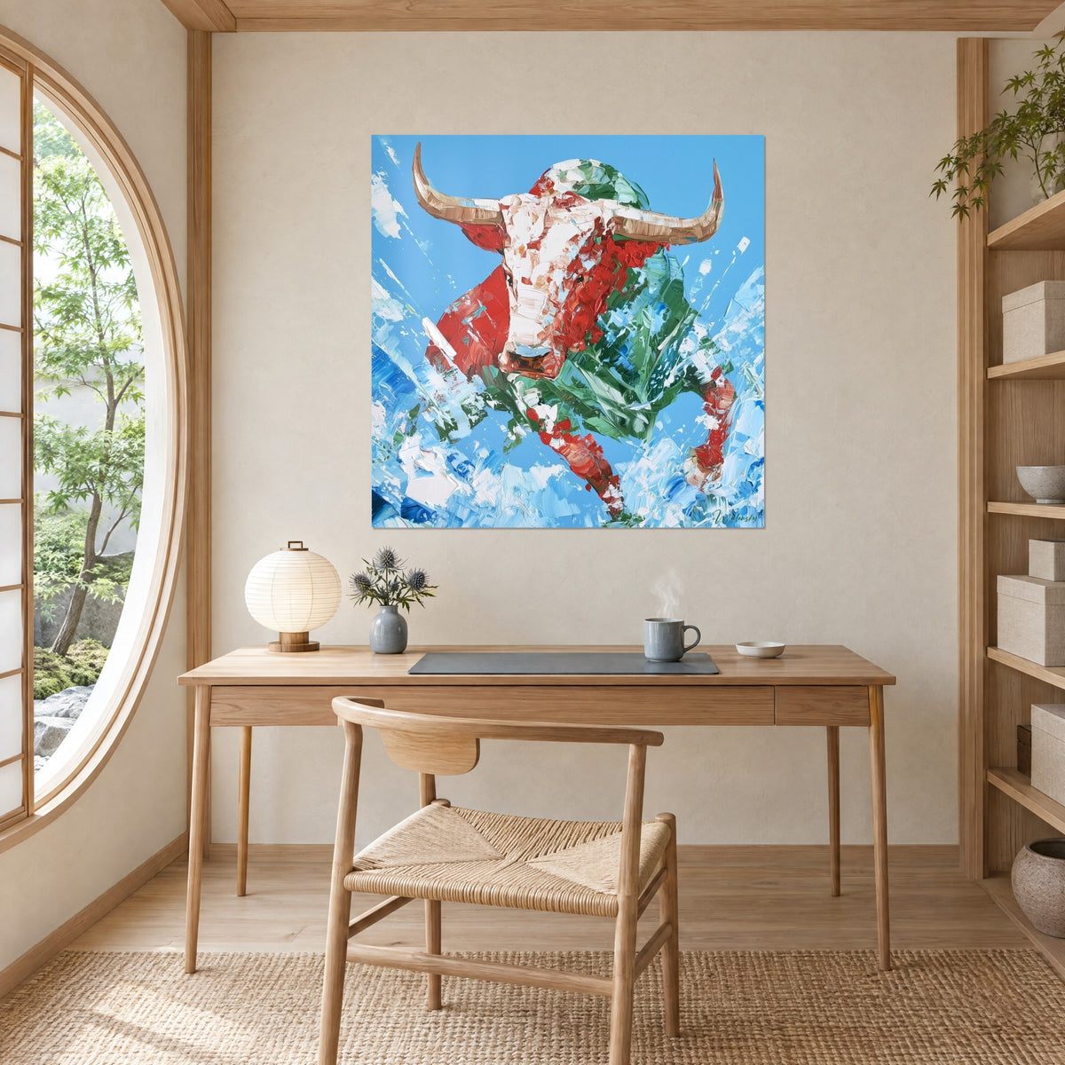 Quadro di un uro al galoppo, muso bianco e groppa verde su fondo azzurro, parete color crema di un ufficio in rovere