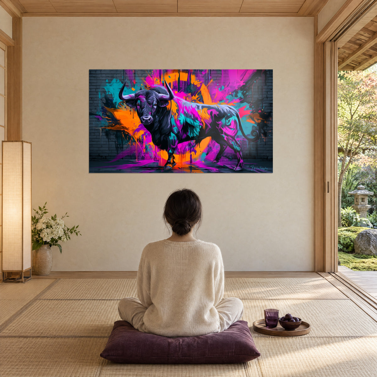 Wall art powerful animal in dark ink and neon pink, orange circle behind, facing a woman in a cream sweater seated on a plum cushion