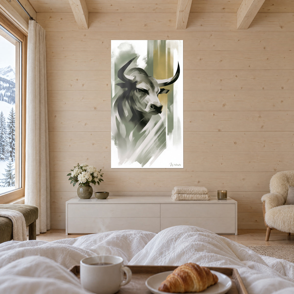 Wall art of a buffalo with long curved horns, sage, cream and golden ochre tones, pale wood wall above a bed in a light-filled bedroom