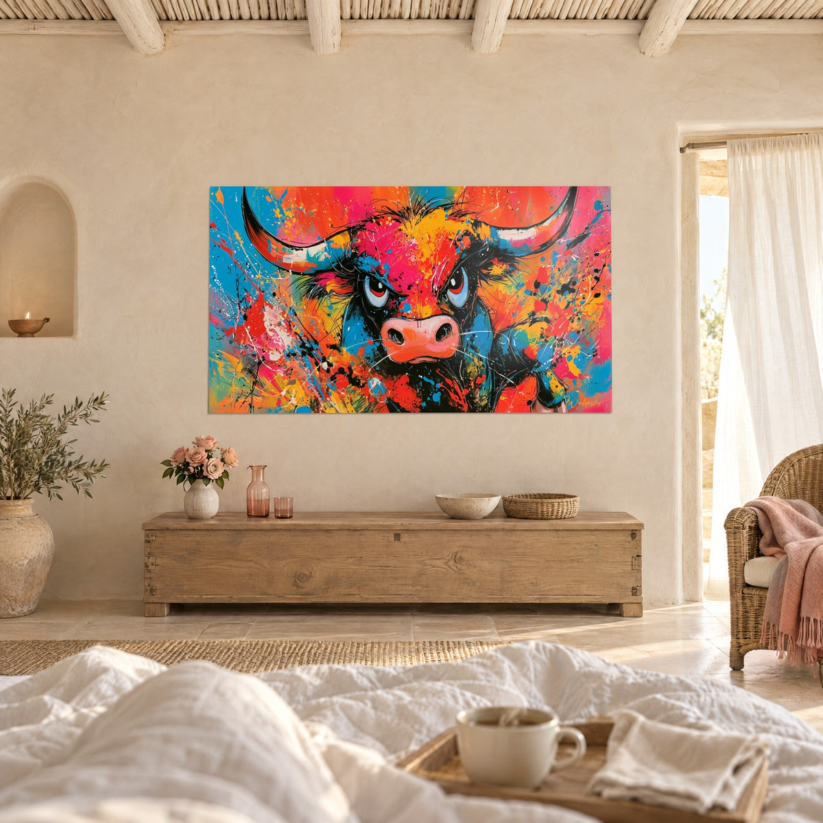 Cuadro de un animal cornudo con salpicaduras rojas y negras, fosas nasales rosas y fondo azul cielo, sobre una cama en un dormitorio claro