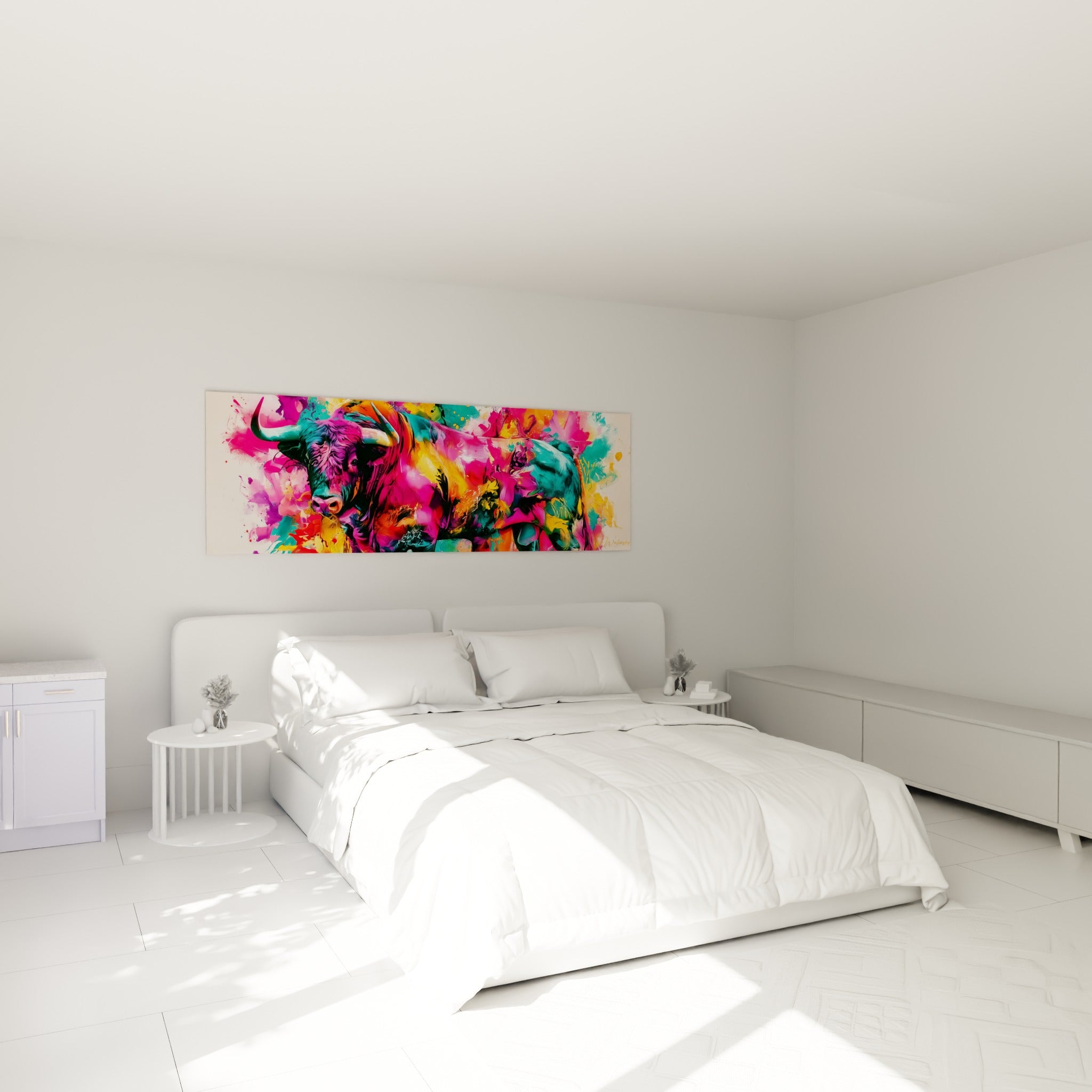Bête cornue traitée en touches magenta et turquoise, accrochée au-dessus d'un lit dans une chambre claire