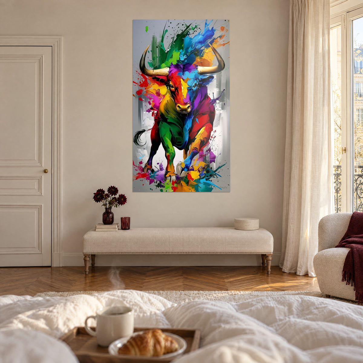 Quadro di un toro in carica tra esplosioni di viola, arancio e turchese, coda nera arricciata, sopra un letto in una camera luminosa