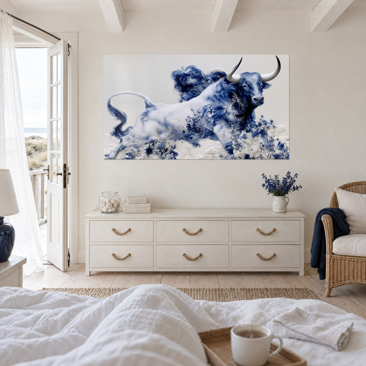Wall art leaping ox, pink muzzle, ink blue mane and white flower bunches, above a bed in a light bedroom