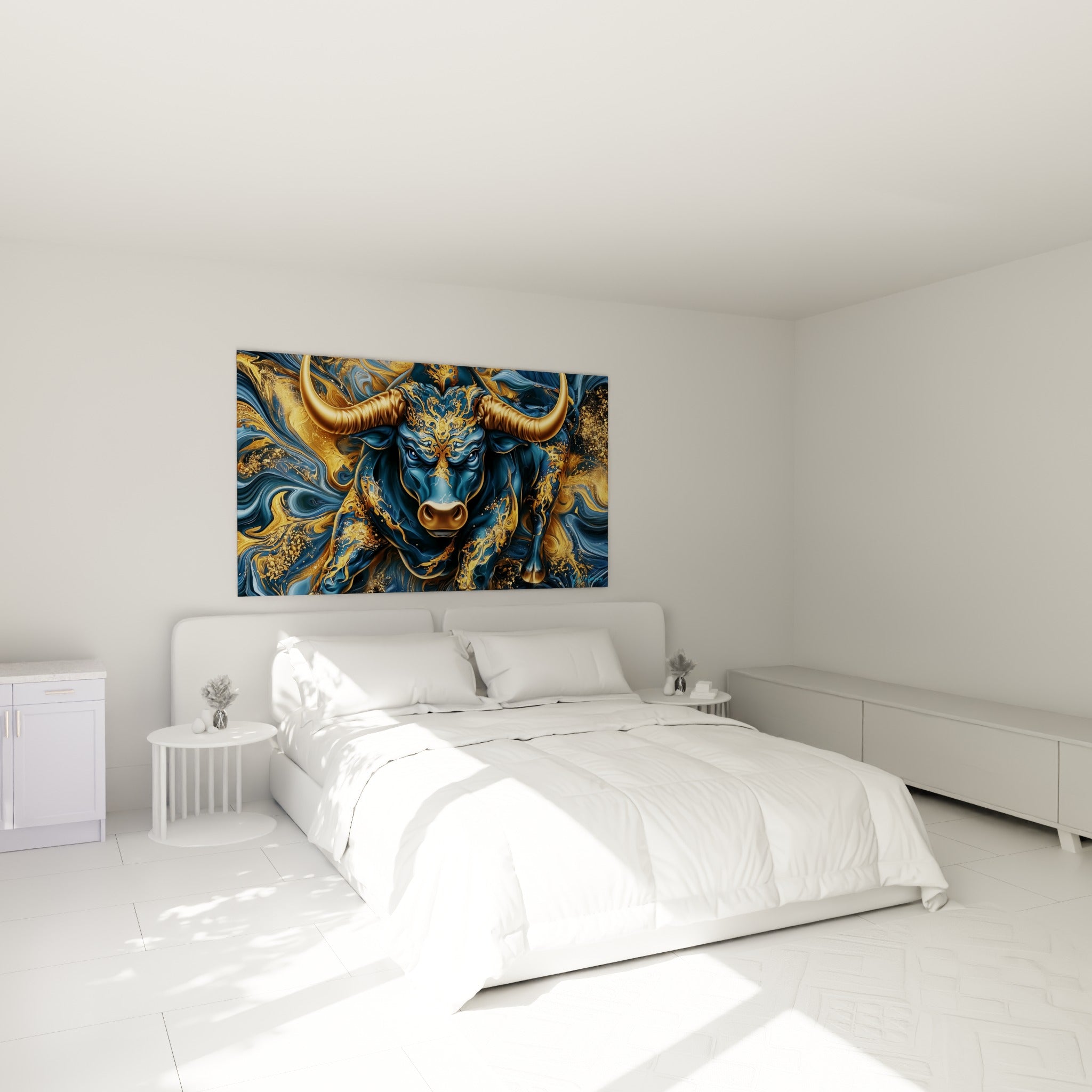 Cornes dorées et regard intense du taureau bleu marine, au-dessus d'un lit dans une chambre claire