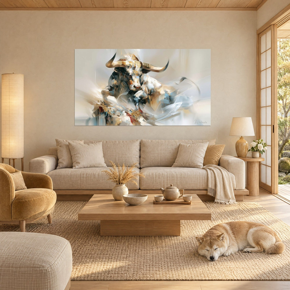 Tableau taureau longhorn aux cornes ocre, pelage beige et gris estompé, traits balayés en voile, au-dessus d'un canapé dans un salon lumineux