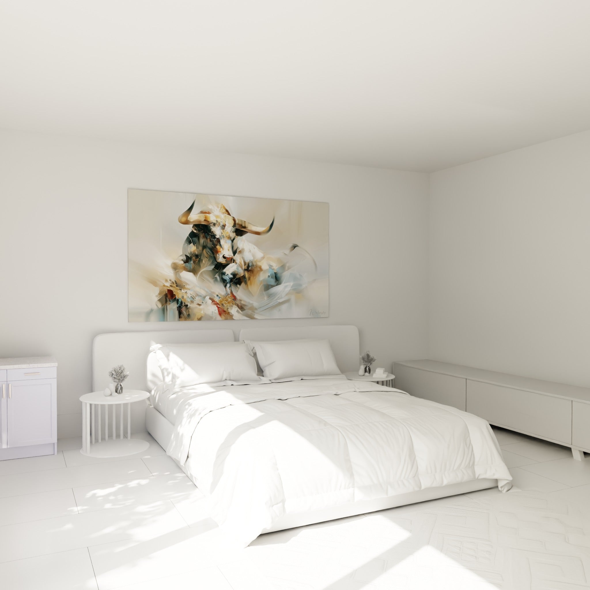 Silhouette de taureau doré et anthracite accrochée au-dessus d'un lit dans une chambre claire