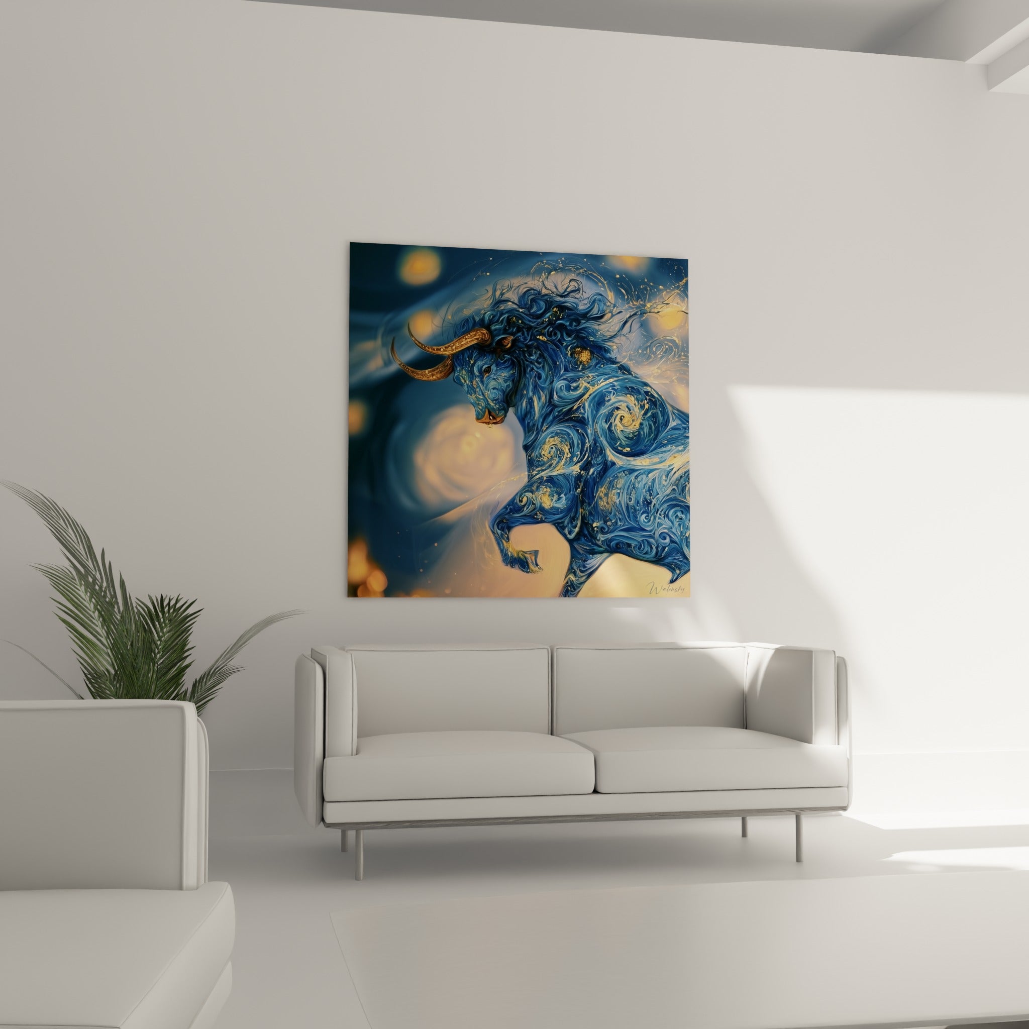 Silhouette animale bleu nuit et ambre en mouvement, au-dessus d'un canapé dans un salon lumineux