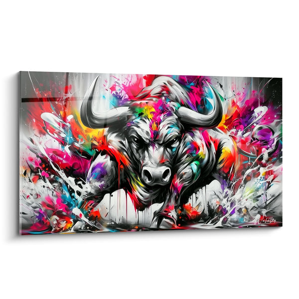 Tableau Taureau gris et blanc aux éclaboussures multicolores explosives - Regard noir intense - Edition Taureau