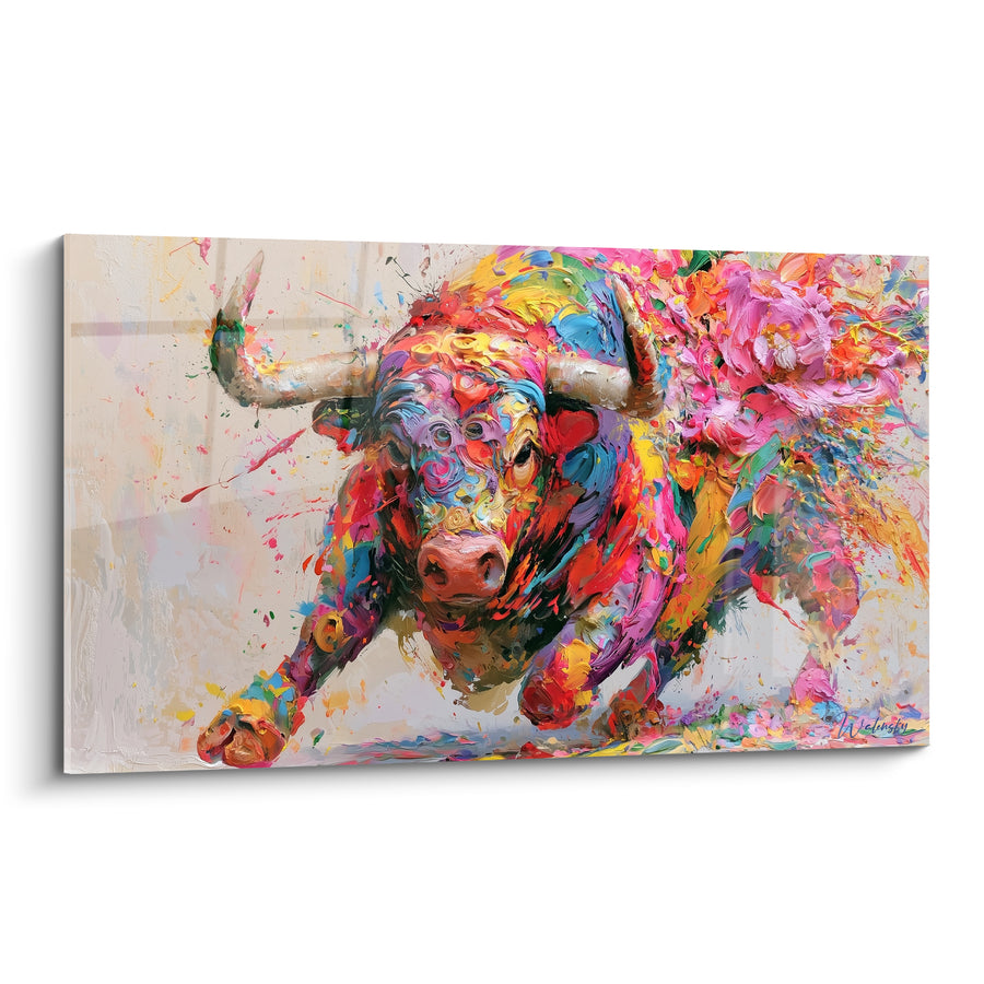 Tableau Taureau chargeant aux empâtements multicolores - Charge fauve - Edition Taureau