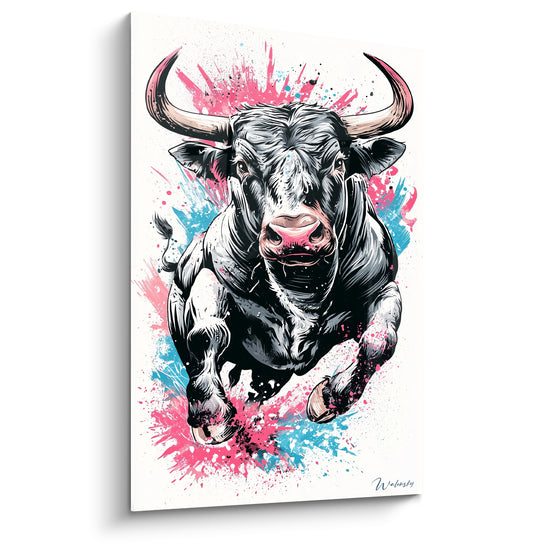 Tableau Taureau noir aux cornes ivoire foncées sabots éclaboussés - Fond blanc immaculé - Edition Taureau