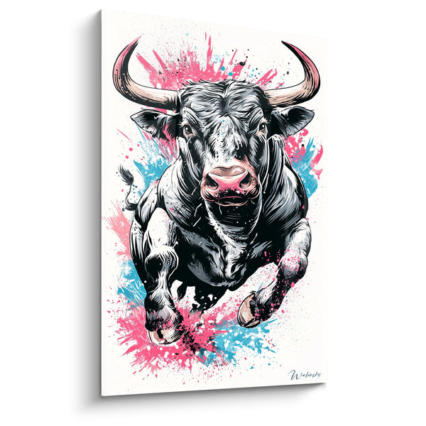 Tableau Taureau noir aux cornes ivoire foncées sabots éclaboussés - Fond blanc immaculé - Edition Taureau