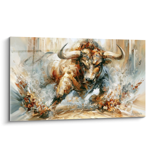 Tableau Taureau ocre et gris aux sabots explosifs - Poussière du sol soulevée - Edition Taureau