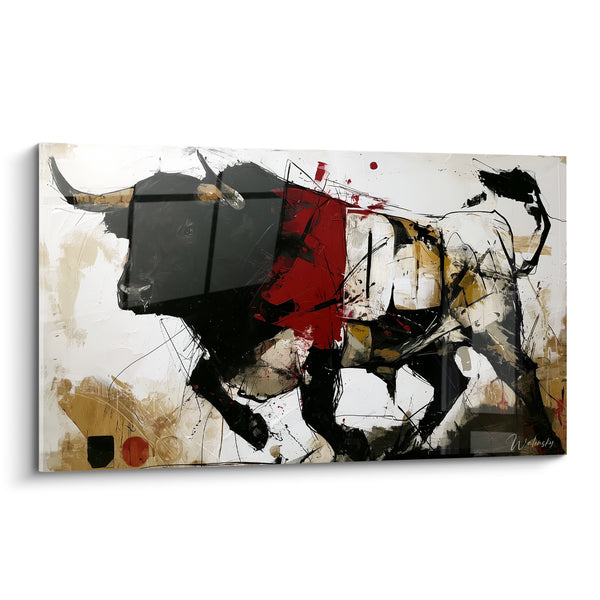 Tableau Taureau noir et rouge au tracé nerveux - Éclaboussures ocre et cramoisi - Edition Taureau