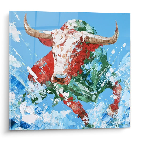 Tableau Taureau rouge et vert au galop éclaboussé - Empâtement au couteau - Edition Taureau