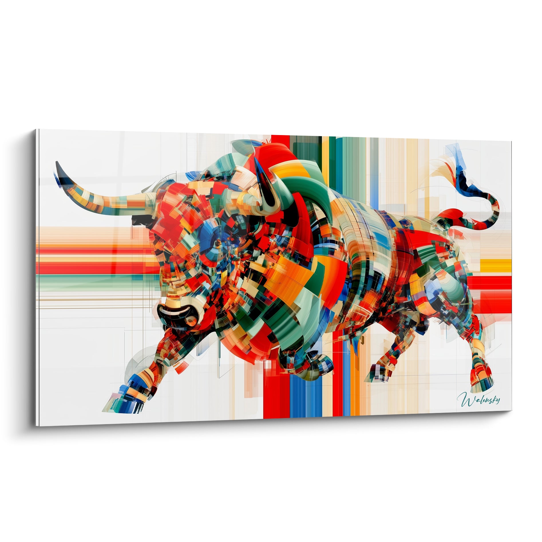 Taureau en pleine charge, mosaïque rouge et vert sauge, cornes tendues, style cubiste numérique