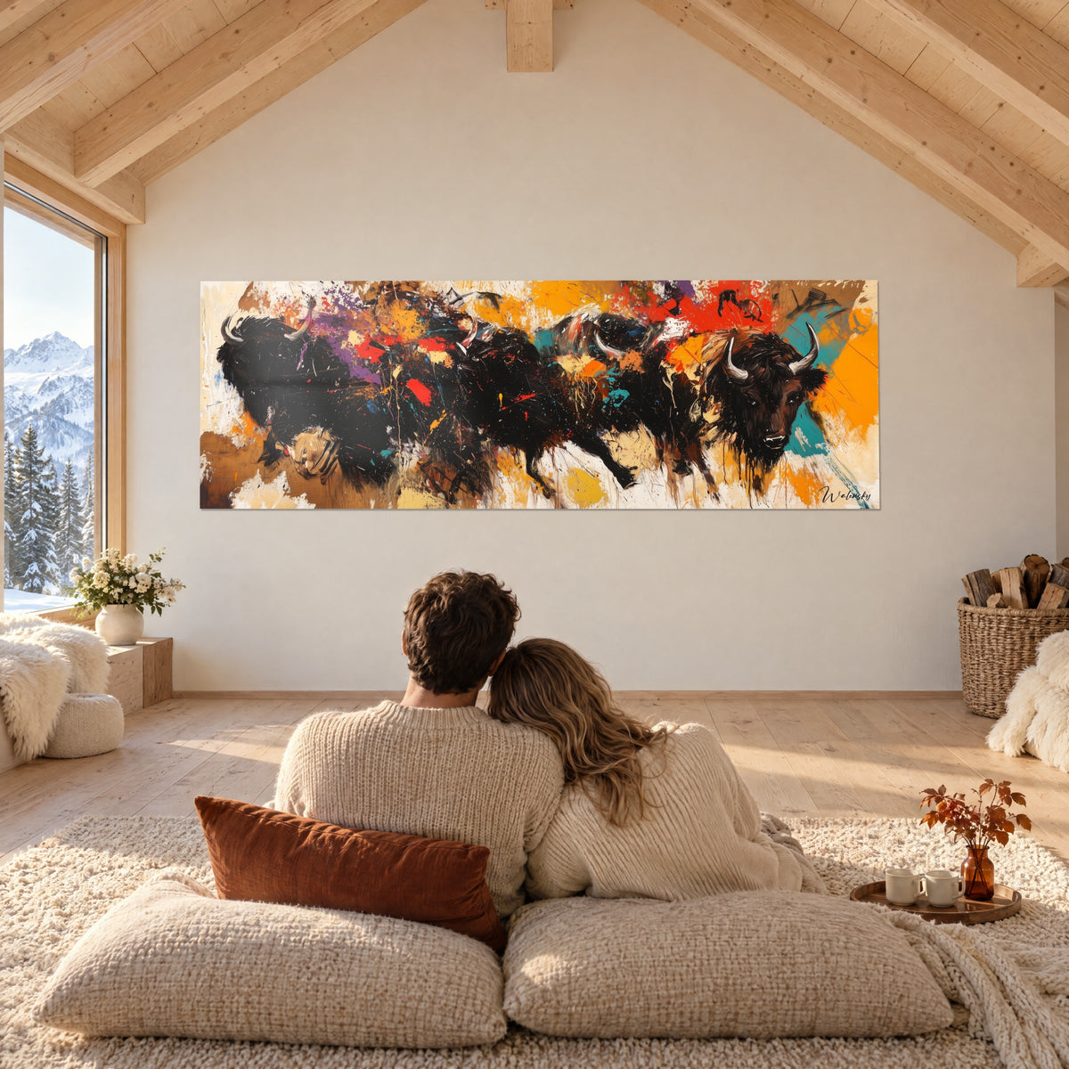 Cuadro bisonte de melena oscura y cuernos plateados, naranja azafrán y turquesa brillantes, bajo la armadura de madera de un chalet