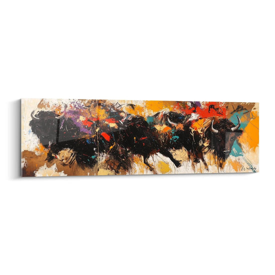 Walensky bull painting abstract art with bursts of orange, red and black colors on panoramic canvas