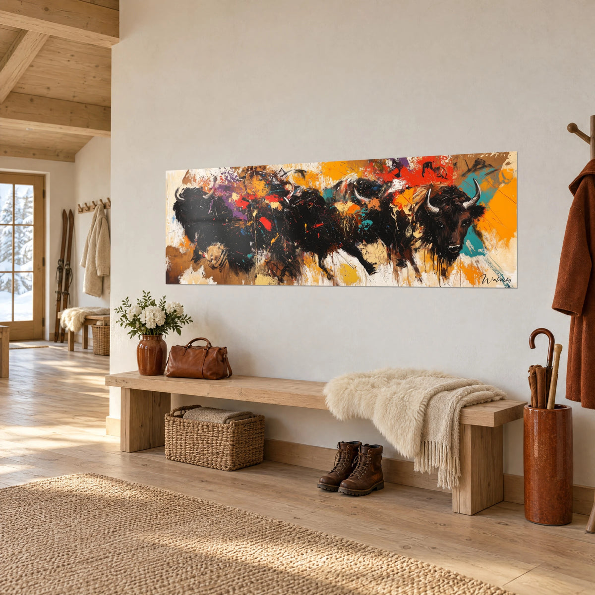 Cuadro manada de bisontes en plena carga, manchas violetas y turquesa sobre fondo crema, pared blanca de chalet y banco de madera