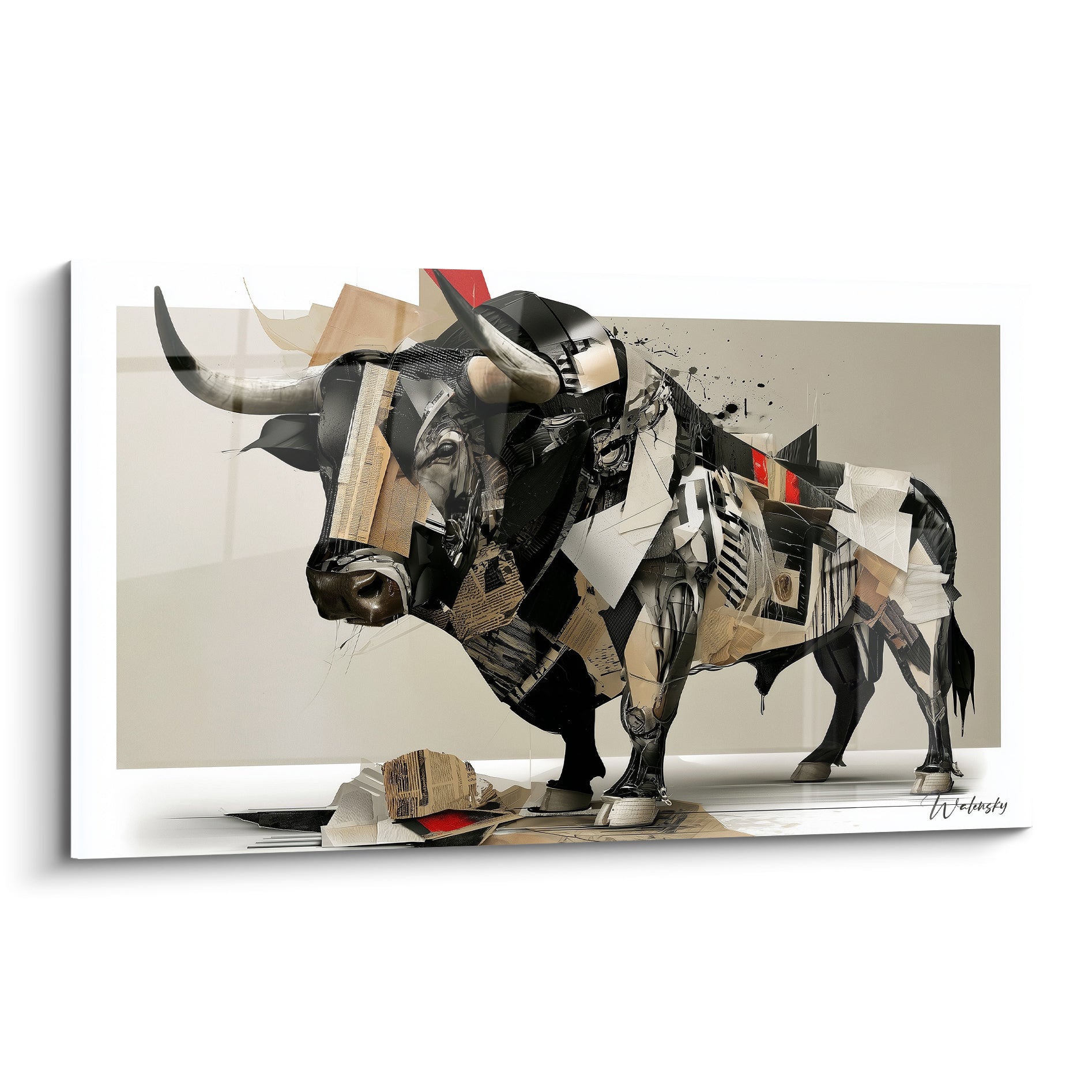 Taureau collage noir et beige, cornes blanches, texture papier et touches rouges vives