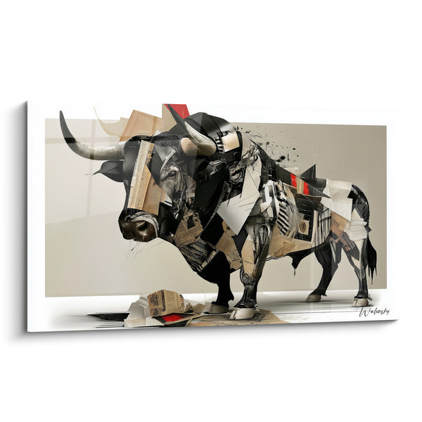 Tableau Taureau en collage papier noir et beige - Force fragmentée - Edition Taureau