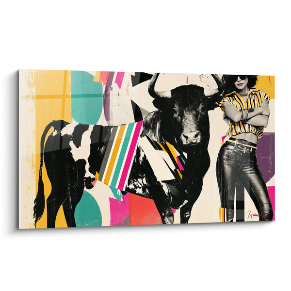Tableau Taureau noir et femme aux rayures dorées - Attitude sans limites - Edition Taureau