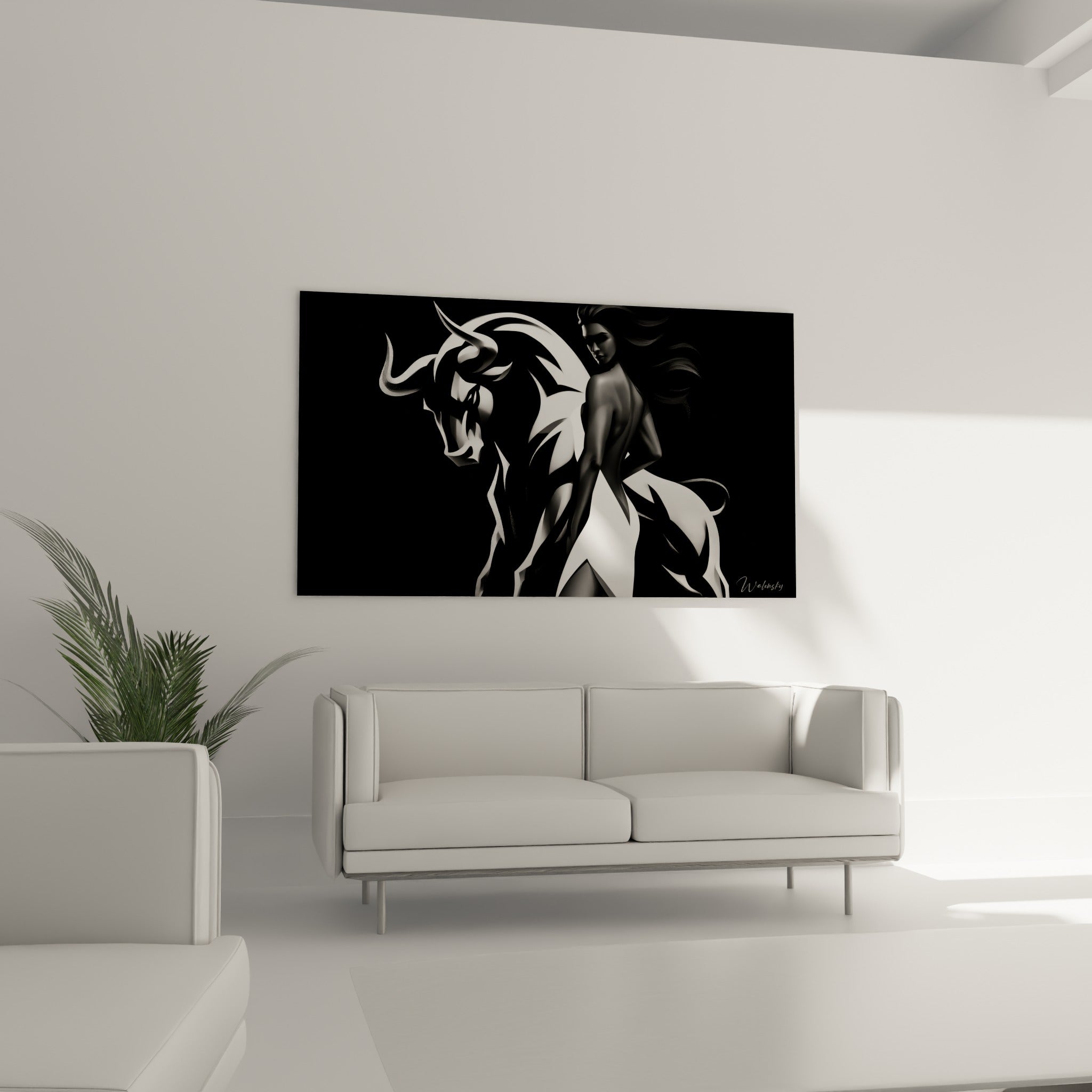 Figure féminine et taureau graphique en noir profond et blanc éclatant, au-dessus d'un canapé dans un salon lumineux