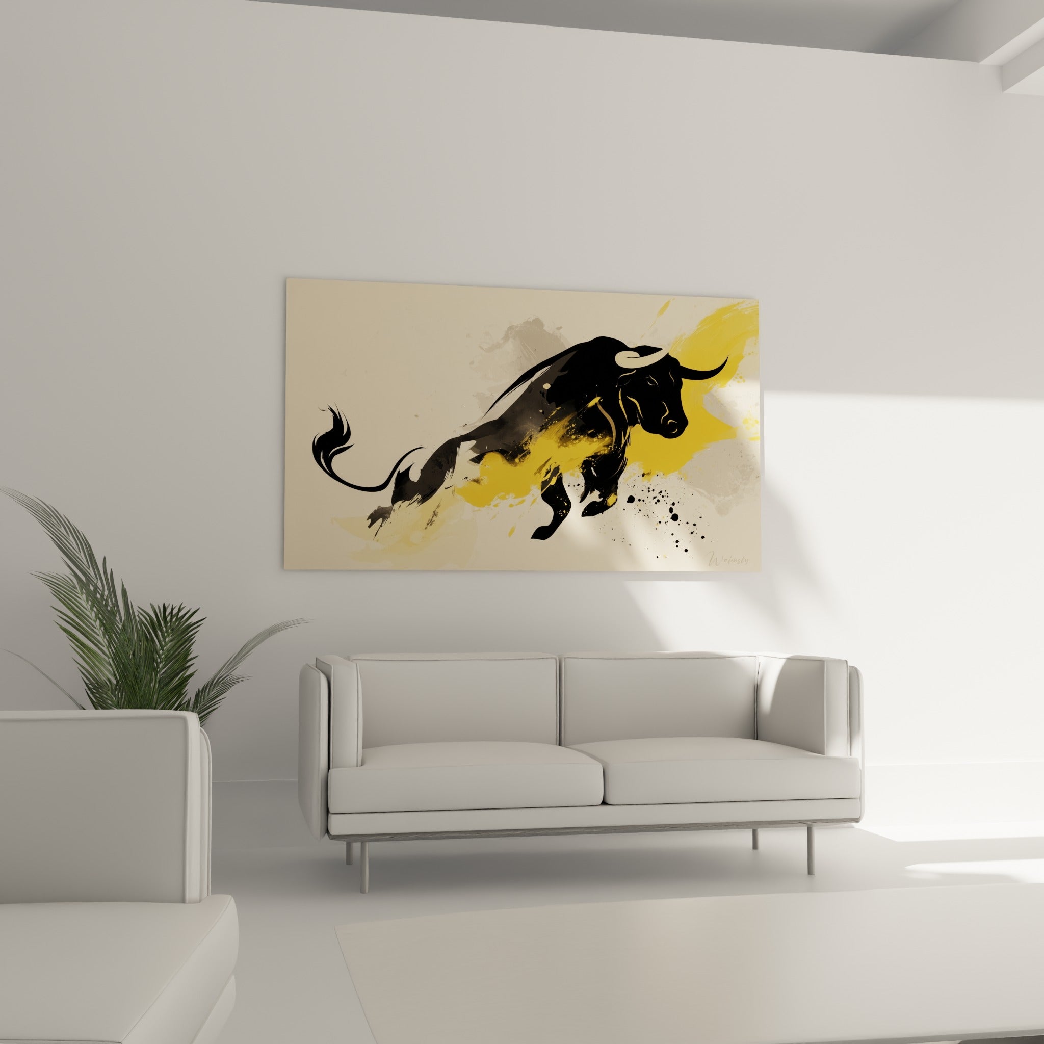 Taureau en charge, contrastes noir profond et jaune moutarde, au-dessus d'un canapé dans un salon lumineux