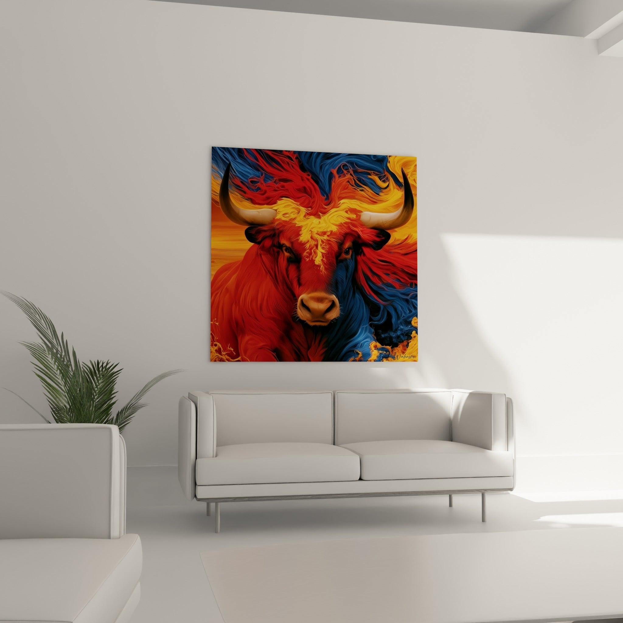 Puissance du taureau aux teintes rouge et bleu marine accrochée au-dessus d'un canapé dans un salon lumineux