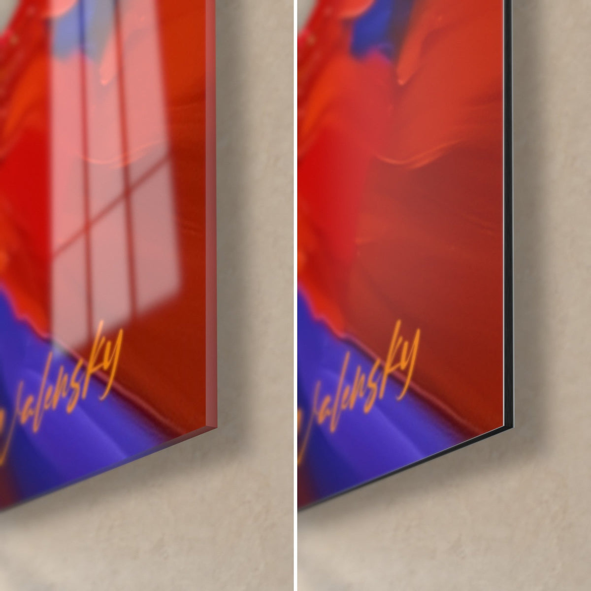 Cuadro toro rojo sobre cristal acrílico brillante y aluminio Dibond mate, esquina inferior derecha, canto de 3 mm, firma dorada Walensky