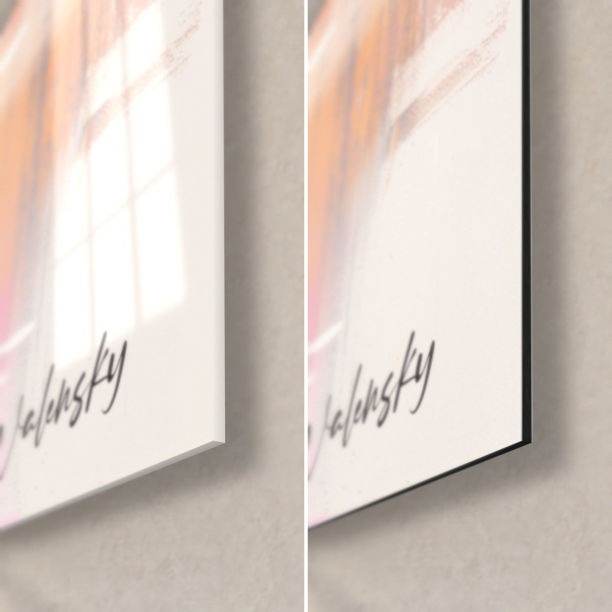 Wall art dark buffalo, lower right corner: Walensky signature on glossy acrylic glass on the left, matte black Dibond aluminum on the right