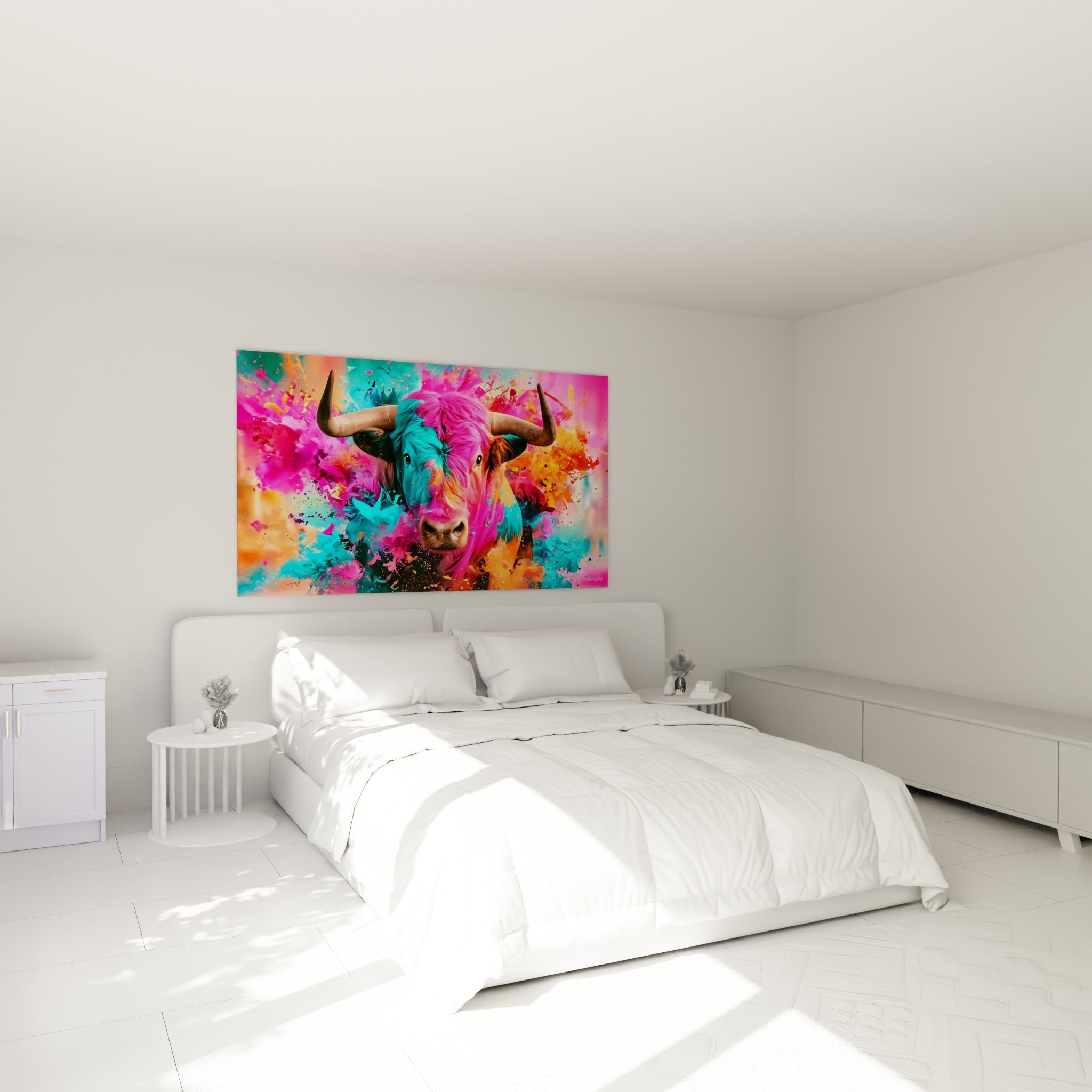 Cornes beiges et pelage rose fuchsia du taureau au-dessus d'un lit dans une chambre claire