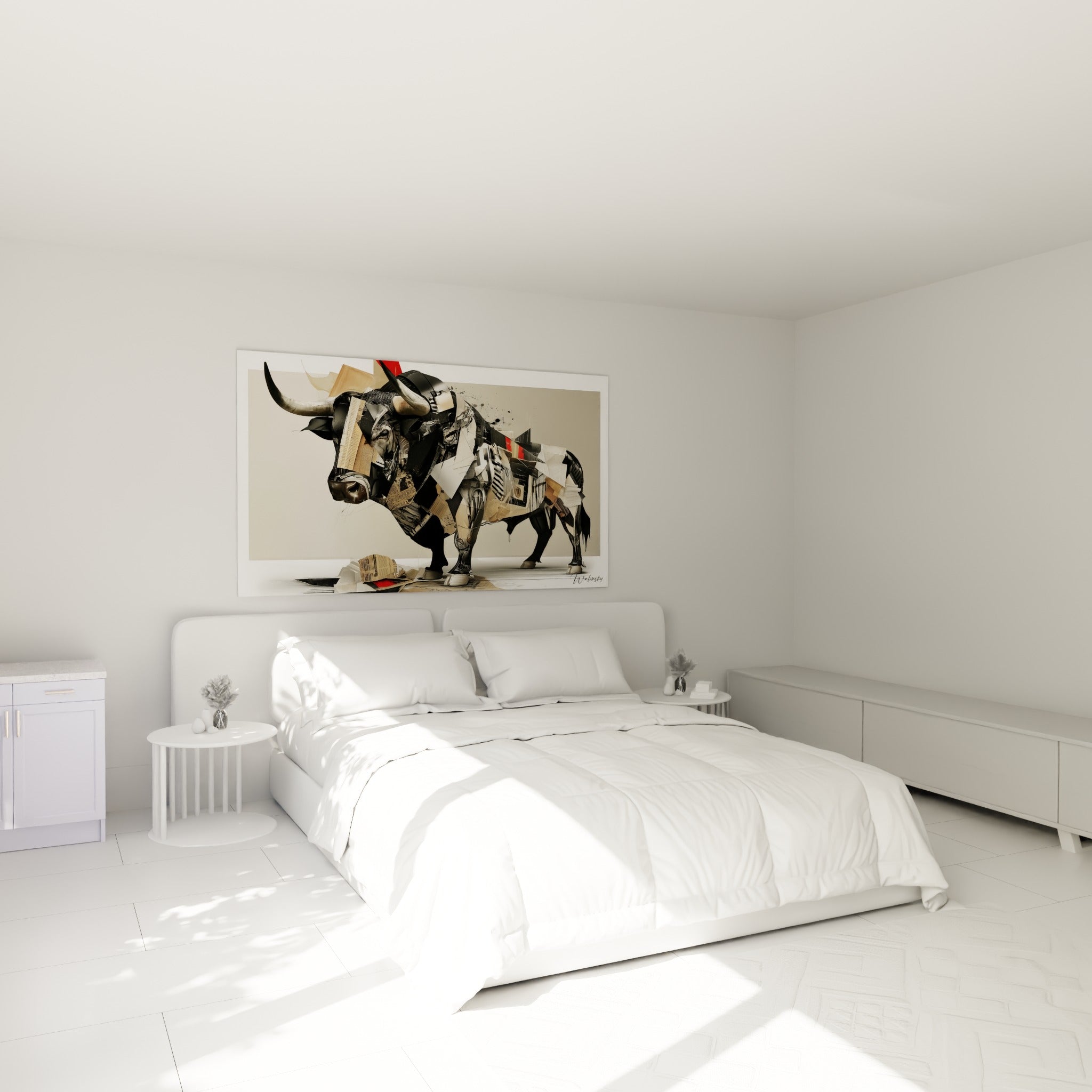 Silhouette animale en fragments noirs et anthracite au-dessus d'un lit dans une chambre claire