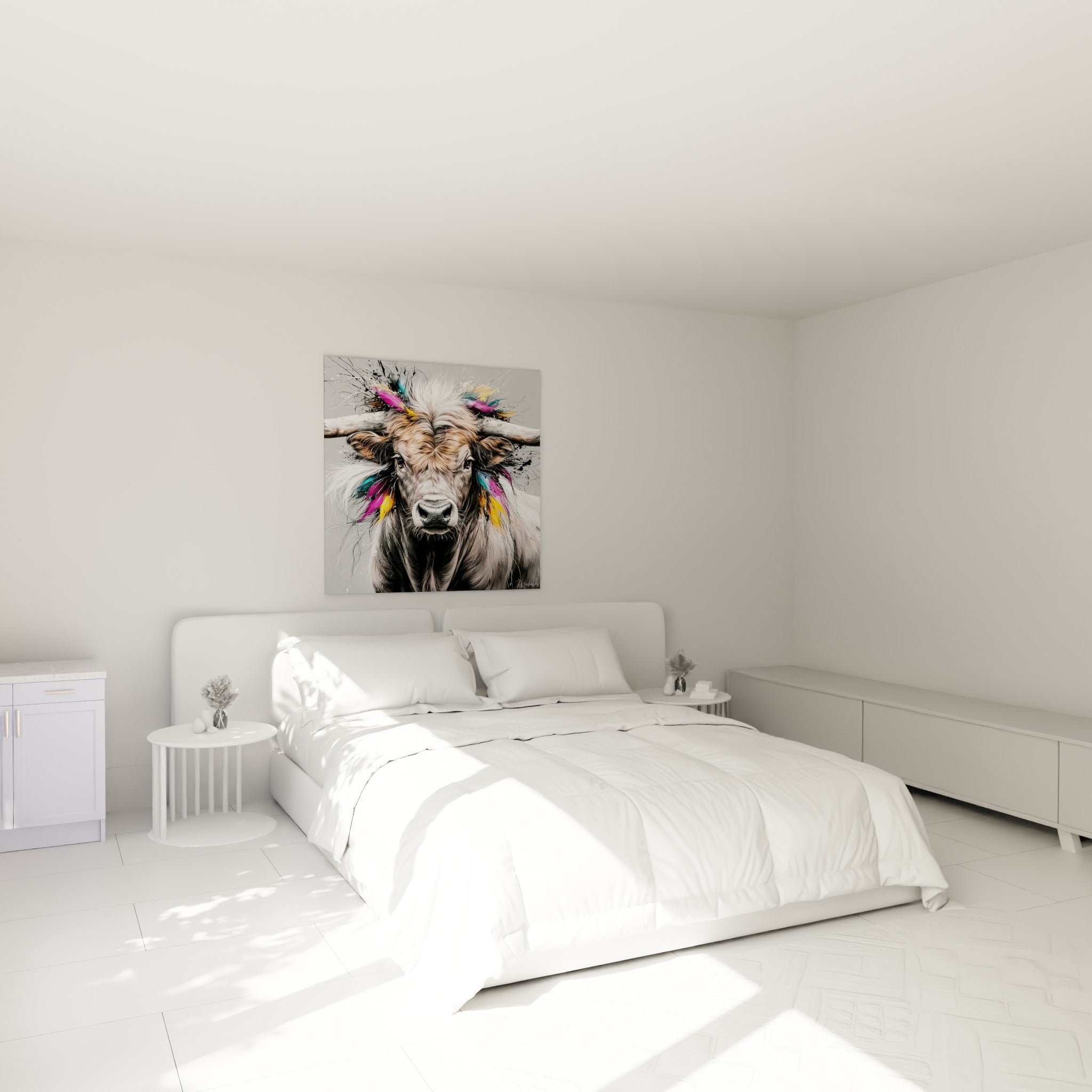 Taureau aux cornes claires et plumes dorées accroché au-dessus d'un lit dans une chambre claire