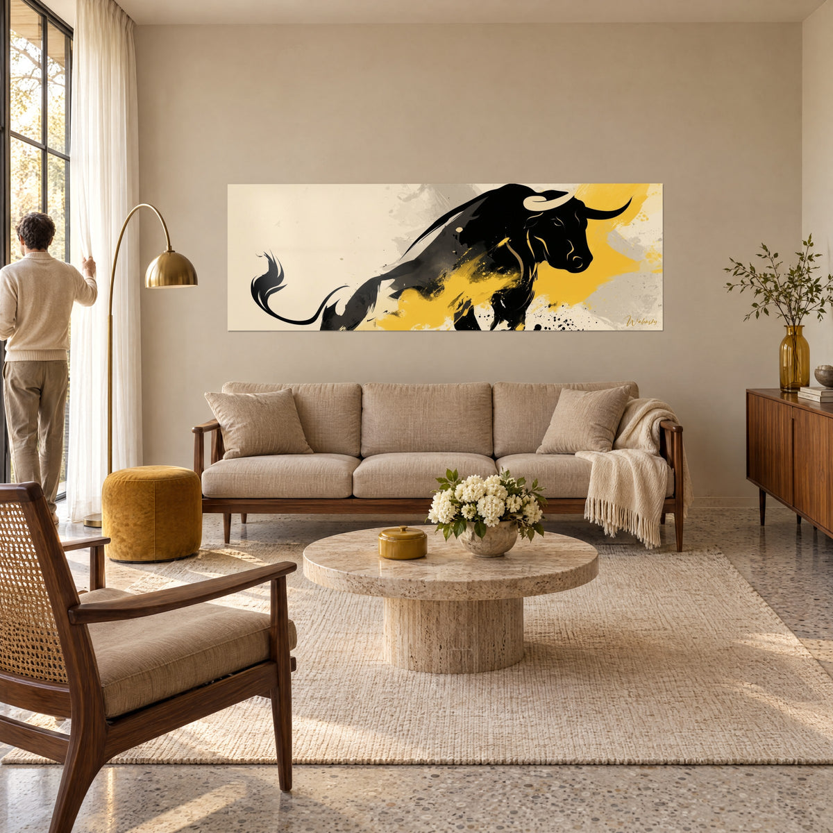 Quadro di un toro nero che balza, schizzi giallo senape su fondo crema, due persone di spalle, sopra un divano in un soggiorno luminoso
