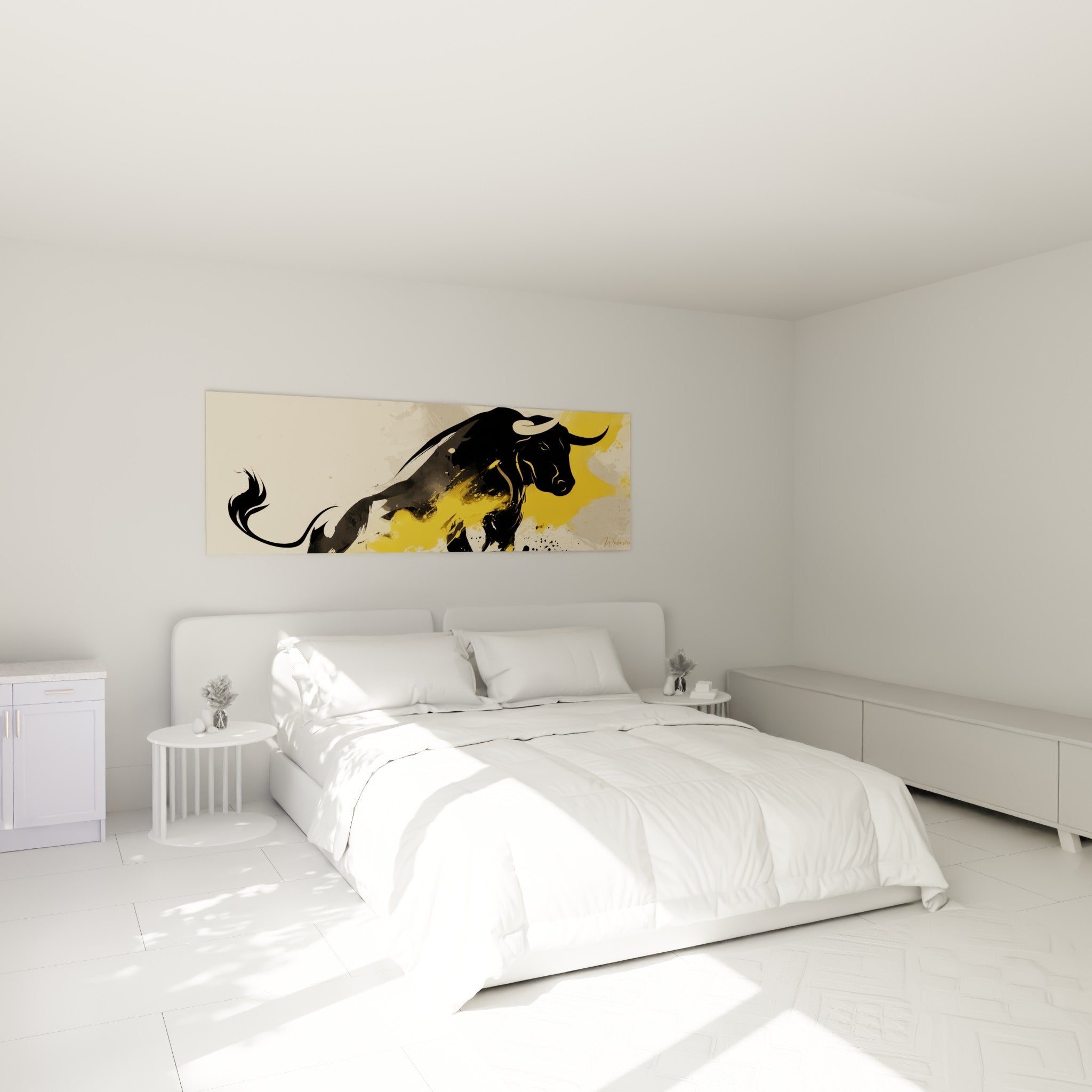 Silhouette de taureau noir et jaune ocre accrochée au-dessus d'un lit dans une chambre claire