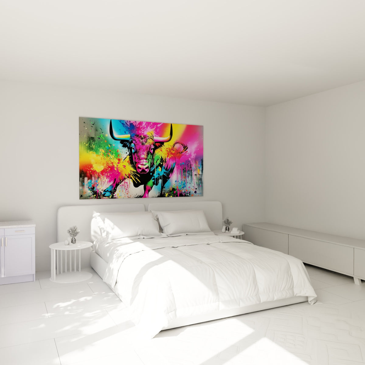 Cornes blanches et museau rose du taureau, tableau accroché au-dessus d'un lit dans une chambre claire